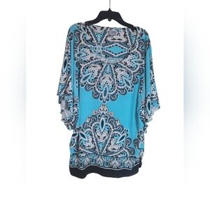JM Collection Womens Tunic Top Large Blue Embellished Paisley Batwing Sleeve